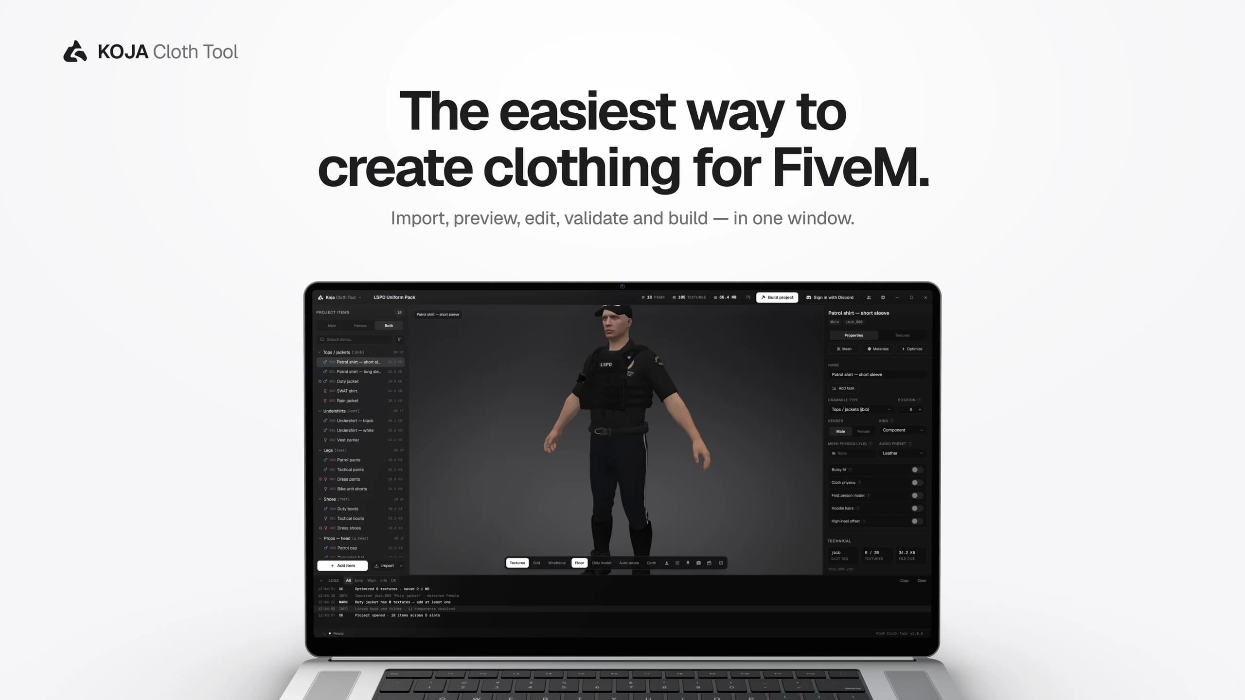 Koja Cloth Tool on a laptop — the easiest way to create clothing for FiveM